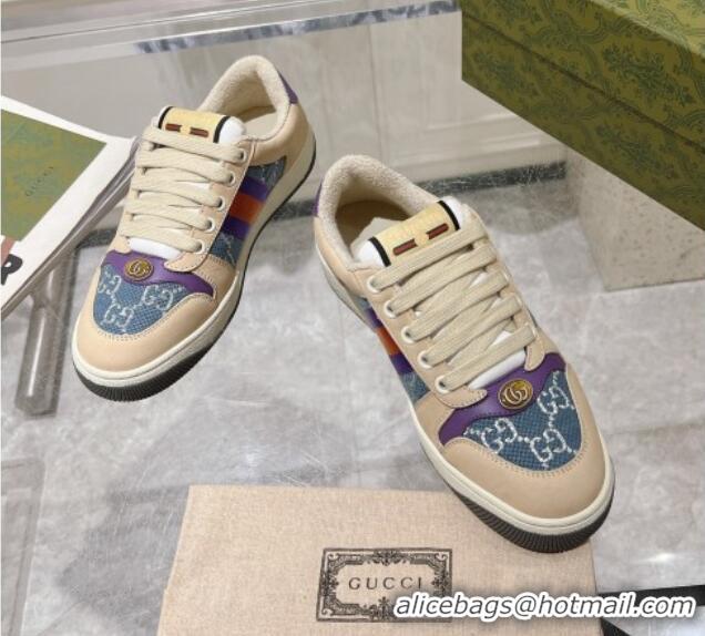 Durable Gucci Screener Trainer Sneakers in Beige Suede and GG Canvas with Web Dark Blue 1119144