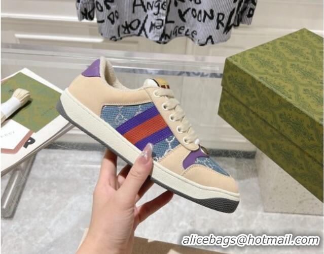 Durable Gucci Screener Trainer Sneakers in Beige Suede and GG Canvas with Web Dark Blue 1119144