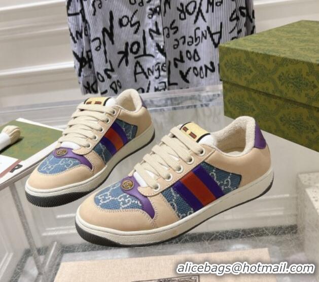 Durable Gucci Screener Trainer Sneakers in Beige Suede and GG Canvas with Web Dark Blue 1119144