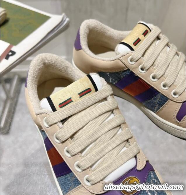 Durable Gucci Screener Trainer Sneakers in Beige Suede and GG Canvas with Web Dark Blue 1119144