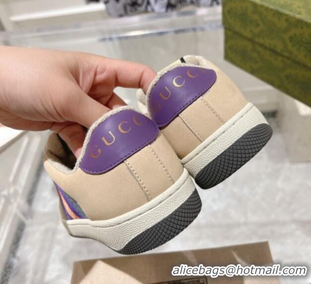 Durable Gucci Screener Trainer Sneakers in Beige Suede and GG Canvas with Web Dark Blue 1119144