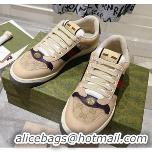 Good Quality Gucci Screener Trainer Sneakers in Beige Suede and GG Canvas with Web Dark Purple 1119146