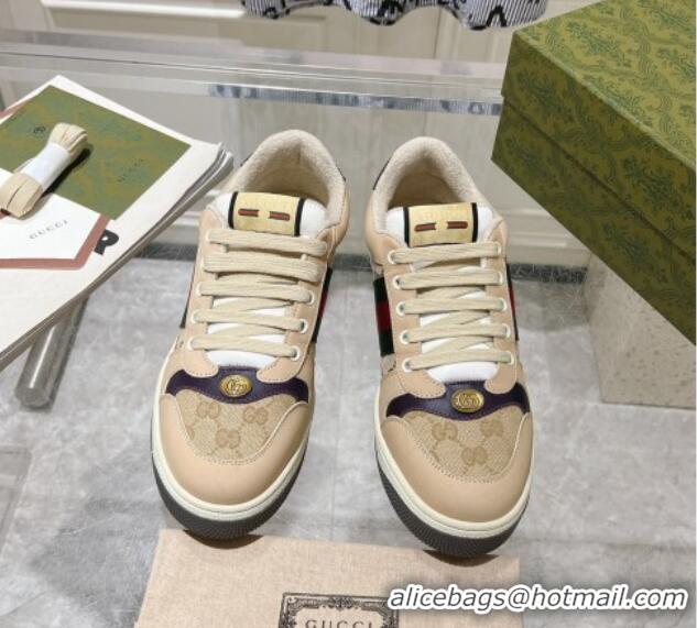 Good Quality Gucci Screener Trainer Sneakers in Beige Suede and GG Canvas with Web Dark Purple 1119146