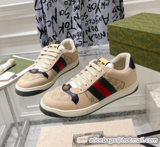 Good Quality Gucci Screener Trainer Sneakers in Beige Suede and GG Canvas with Web Dark Purple 1119146