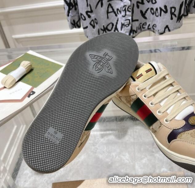 Good Quality Gucci Screener Trainer Sneakers in Beige Suede and GG Canvas with Web Dark Purple 1119146