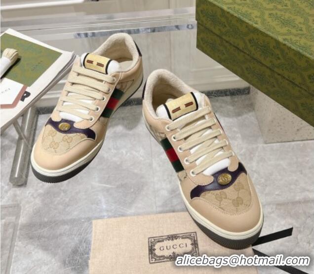 Good Quality Gucci Screener Trainer Sneakers in Beige Suede and GG Canvas with Web Dark Purple 1119146