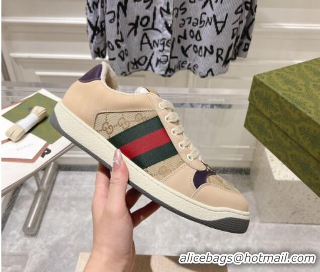 Good Quality Gucci Screener Trainer Sneakers in Beige Suede and GG Canvas with Web Dark Purple 1119146