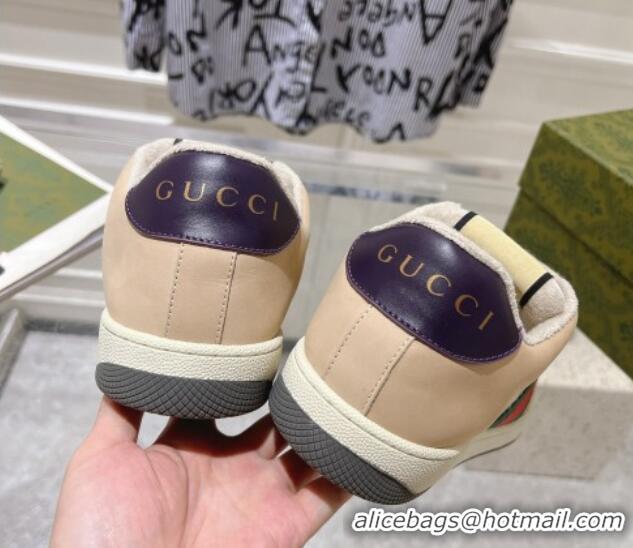 Good Quality Gucci Screener Trainer Sneakers in Beige Suede and GG Canvas with Web Dark Purple 1119146