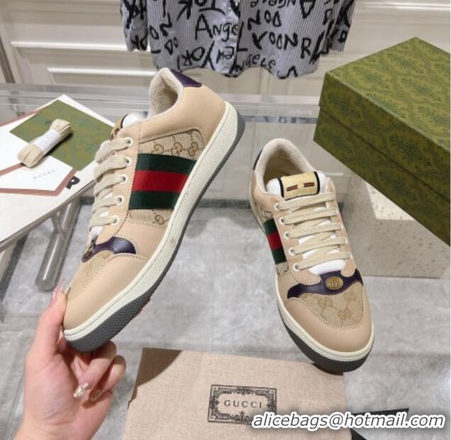 Good Quality Gucci Screener Trainer Sneakers in Beige Suede and GG Canvas with Web Dark Purple 1119146