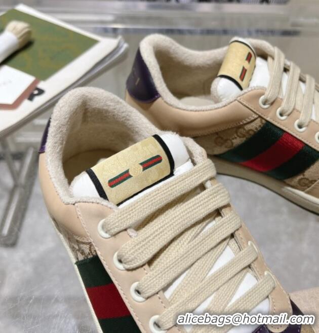 Good Quality Gucci Screener Trainer Sneakers in Beige Suede and GG Canvas with Web Dark Purple 1119146