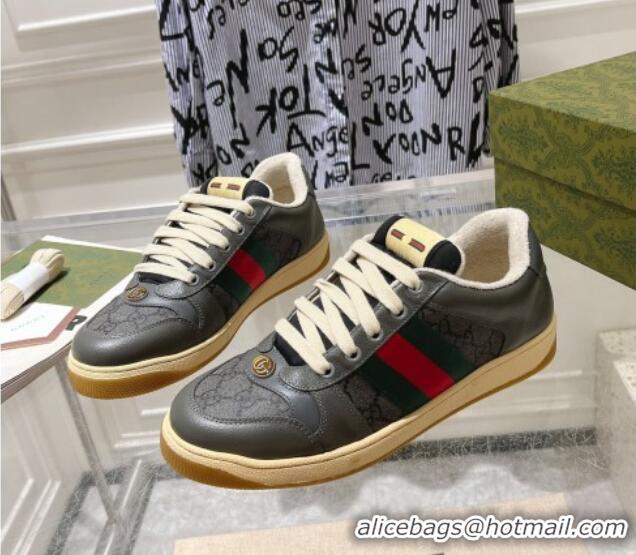 Trendy Design Gucci Screener Trainer Sneakers in Leather and GG Canvas with Web Dark Grey 1119147