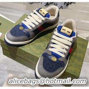 Charming Gucci Screener Trainer Sneakers in Suede and GG Canvas with Web Grey/Blue 1119148