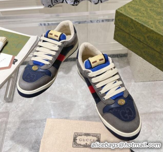 Charming Gucci Screener Trainer Sneakers in Suede and GG Canvas with Web Grey/Blue 1119148