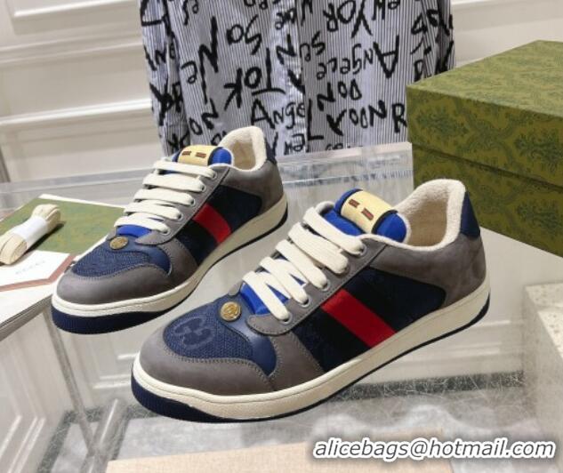 Charming Gucci Screener Trainer Sneakers in Suede and GG Canvas with Web Grey/Blue 1119148