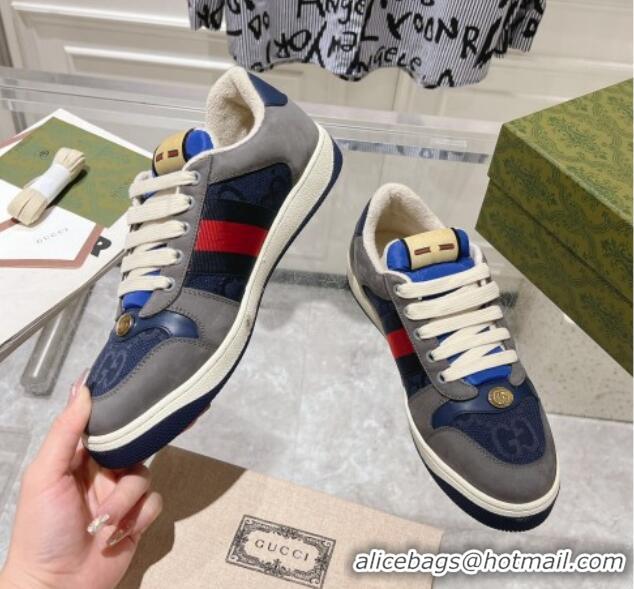 Charming Gucci Screener Trainer Sneakers in Suede and GG Canvas with Web Grey/Blue 1119148