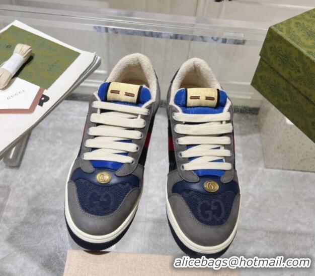 Charming Gucci Screener Trainer Sneakers in Suede and GG Canvas with Web Grey/Blue 1119148