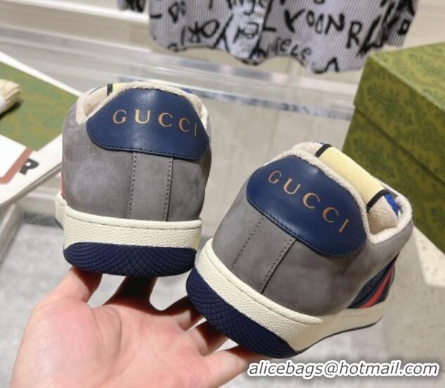 Charming Gucci Screener Trainer Sneakers in Suede and GG Canvas with Web Grey/Blue 1119148