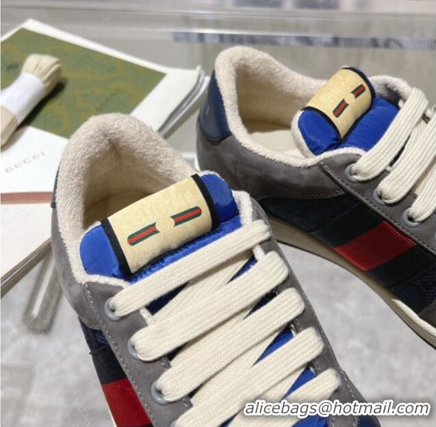 Charming Gucci Screener Trainer Sneakers in Suede and GG Canvas with Web Grey/Blue 1119148