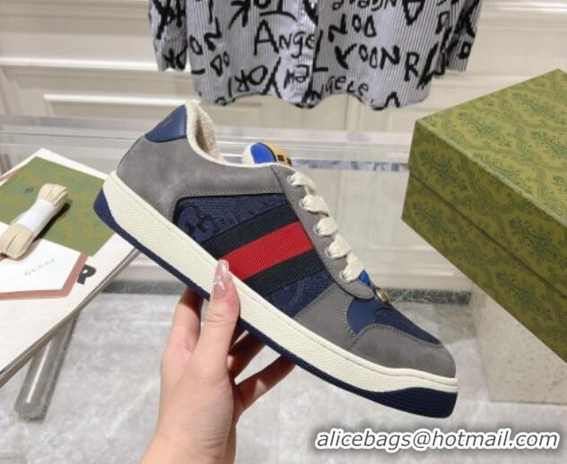 Charming Gucci Screener Trainer Sneakers in Suede and GG Canvas with Web Grey/Blue 1119148