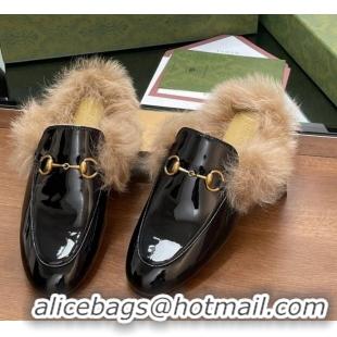 Shop Duplicate Gucci Patent Leather and Wool Flat Slippers Black 1119149