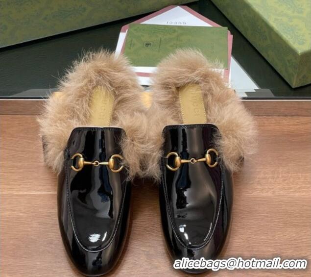 Shop Duplicate Gucci Patent Leather and Wool Flat Slippers Black 1119149