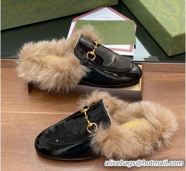 Shop Duplicate Gucci Patent Leather and Wool Flat Slippers Black 1119149