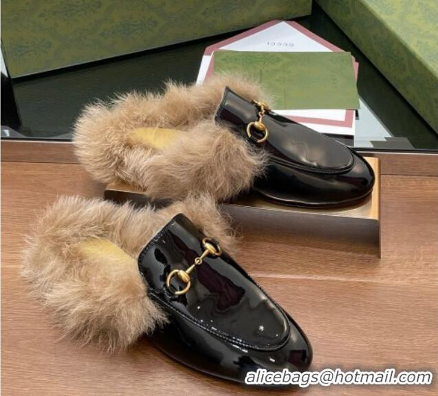 Shop Duplicate Gucci Patent Leather and Wool Flat Slippers Black 1119149