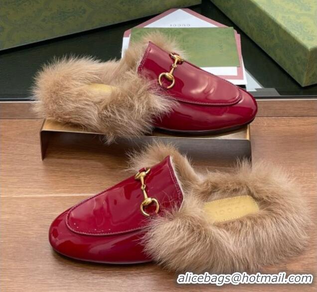 Hot Style Gucci Patent Leather and Wool Flat Slippers Burgundy 1119151