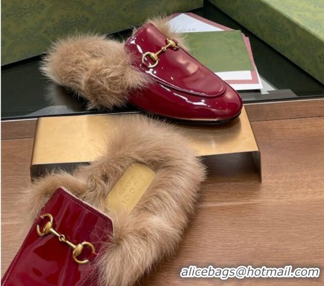 Hot Style Gucci Patent Leather and Wool Flat Slippers Burgundy 1119151