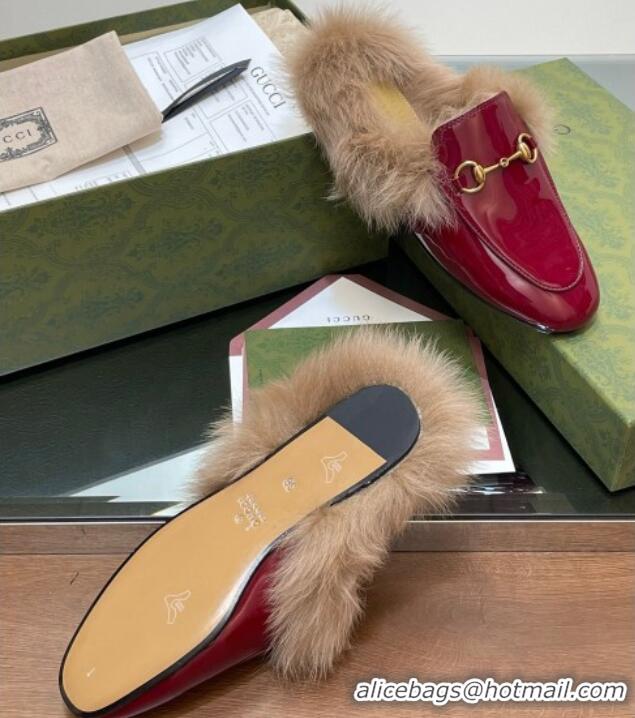 Hot Style Gucci Patent Leather and Wool Flat Slippers Burgundy 1119151