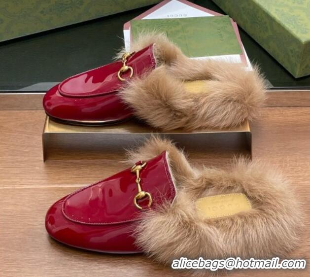 Hot Style Gucci Patent Leather and Wool Flat Slippers Burgundy 1119151