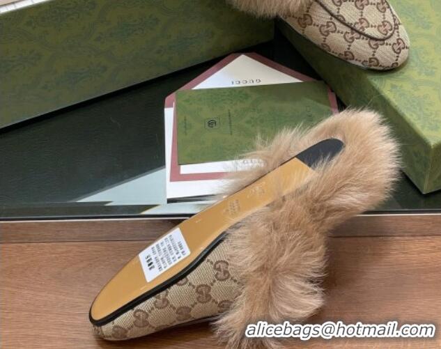 Purchase Gucci GG Canvas and Wool Flat Slippers Beige 1119153