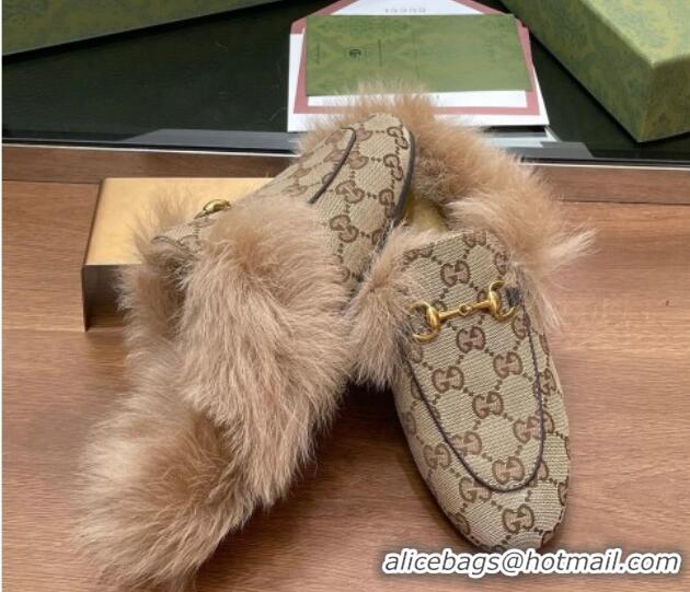 Purchase Gucci GG Canvas and Wool Flat Slippers Beige 1119153