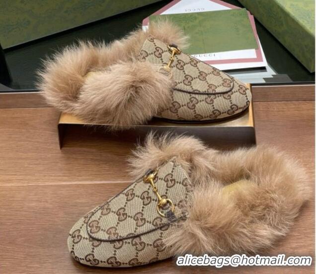 Purchase Gucci GG Canvas and Wool Flat Slippers Beige 1119153