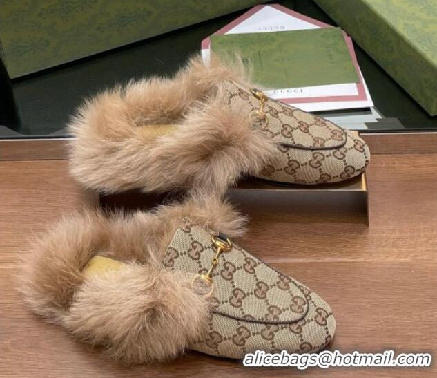 Purchase Gucci GG Canvas and Wool Flat Slippers Beige 1119153