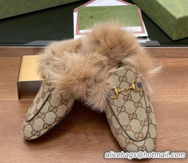 Purchase Gucci GG Canvas and Wool Flat Slippers Beige 1119153