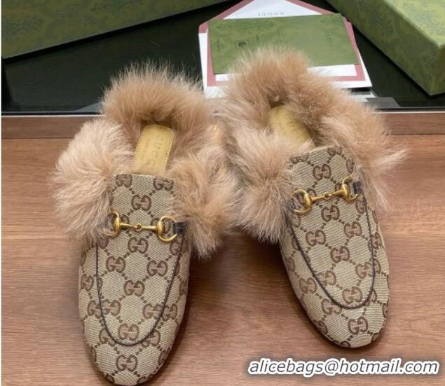 Purchase Gucci GG Canvas and Wool Flat Slippers Beige 1119153