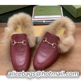 Top Design Gucci Calf Leather and Wool Flat Slippers Burgundy 1119154