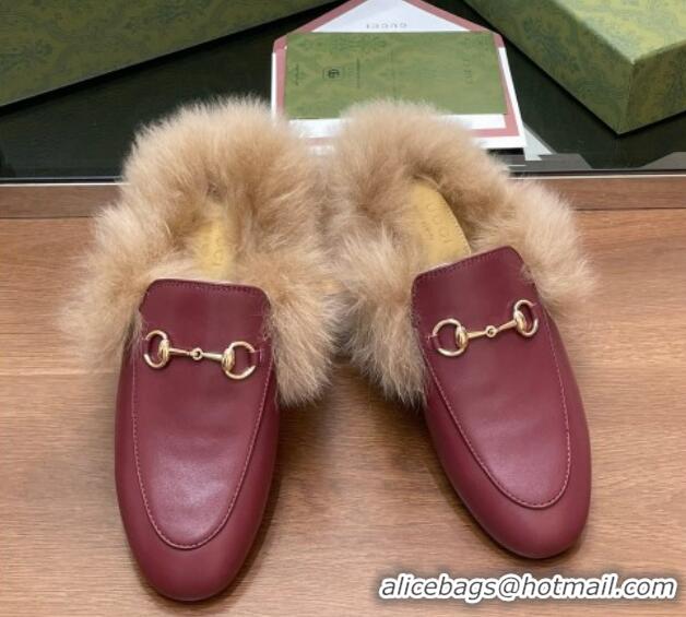 Top Design Gucci Calf Leather and Wool Flat Slippers Burgundy 1119154