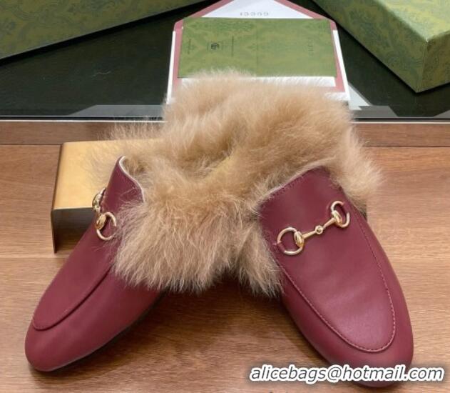 Top Design Gucci Calf Leather and Wool Flat Slippers Burgundy 1119154