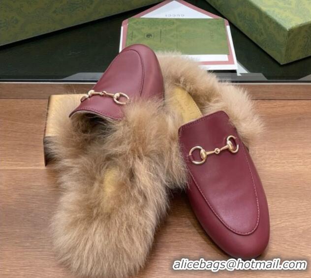 Top Design Gucci Calf Leather and Wool Flat Slippers Burgundy 1119154