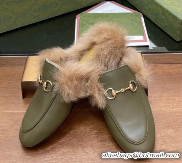 Good Looking Gucci Calf Leather and Wool Flat Slippers Green 1119155