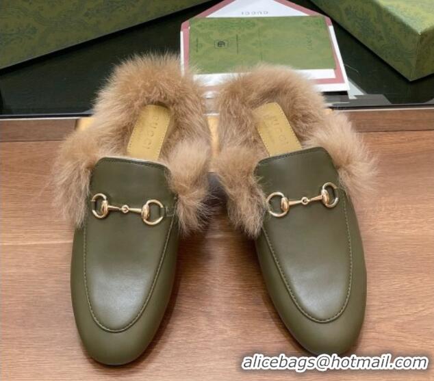 Good Looking Gucci Calf Leather and Wool Flat Slippers Green 1119155