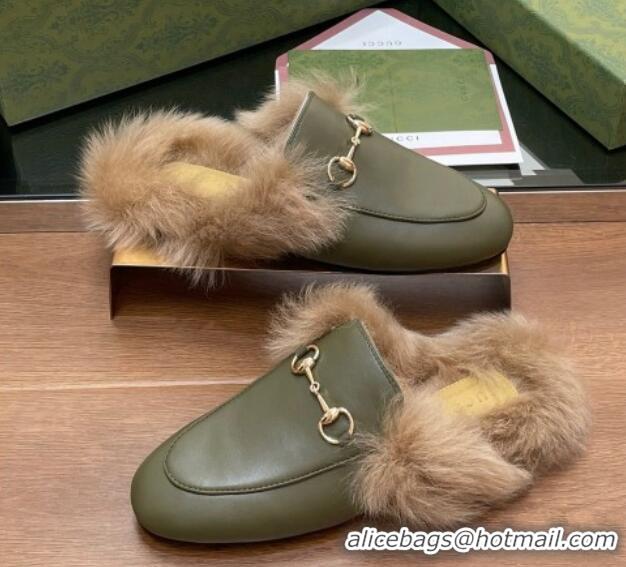 Good Looking Gucci Calf Leather and Wool Flat Slippers Green 1119155