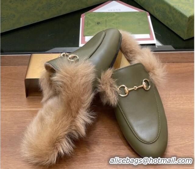 Good Looking Gucci Calf Leather and Wool Flat Slippers Green 1119155