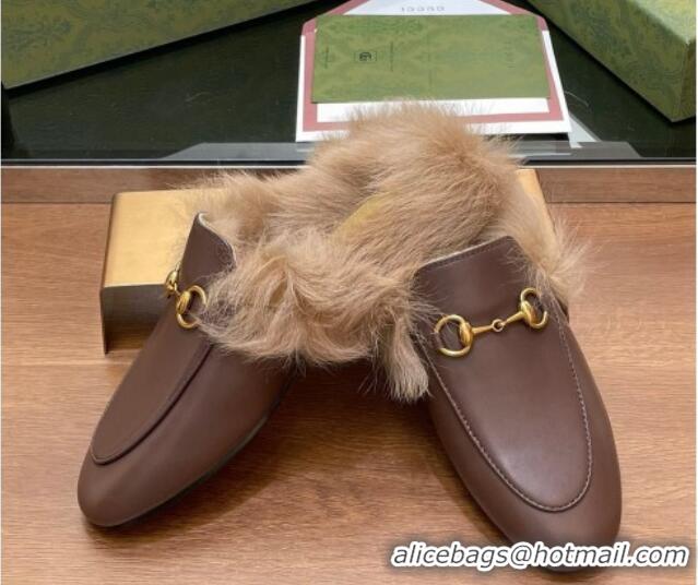 Good Quality Gucci Calf Leather and Wool Flat Slippers Chocolate 1119156