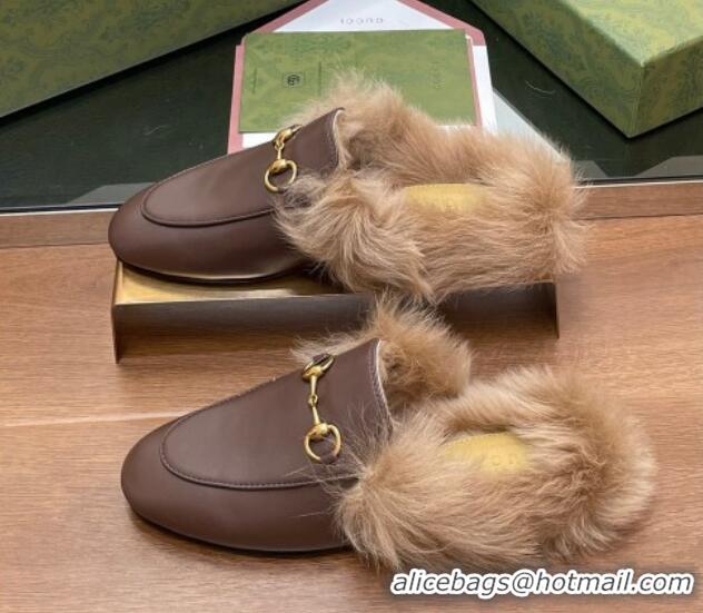 Good Quality Gucci Calf Leather and Wool Flat Slippers Chocolate 1119156