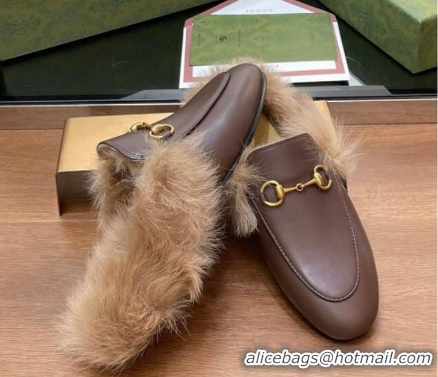 Good Quality Gucci Calf Leather and Wool Flat Slippers Chocolate 1119156