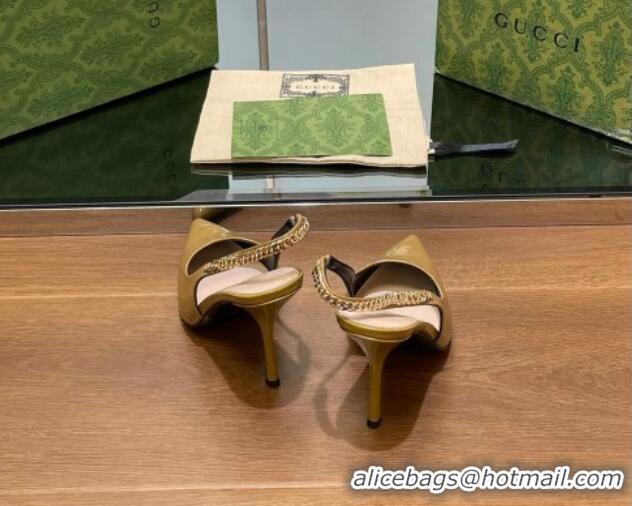 Sumptuous Gucci Signoria Slingback Pumps 10.5cm in Patent Leather Khaki 1119164