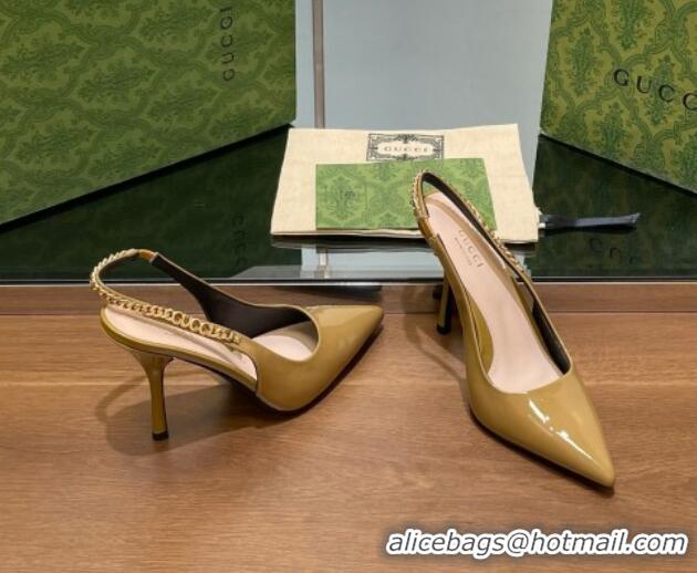 Sumptuous Gucci Signoria Slingback Pumps 10.5cm in Patent Leather Khaki 1119164